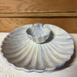 vintage Blue and white scalloped ceramic shell chip & dip bowl set